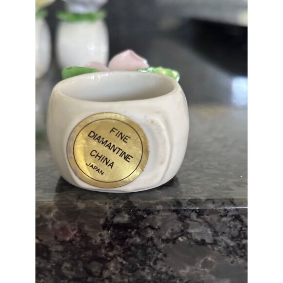 Set Of 8 Diamantine China Floral Napkin Rings Pink Roses & Yellow Daffodils - Picture 10 of 16